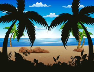 Illustration of the coconut trees at the morning beach
