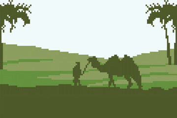 Middle Eastern pixel art on a green field with a camel and a shepherd