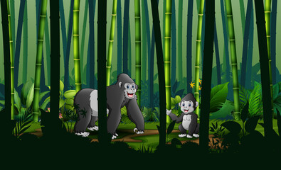 Cartoon a gorilla with her cub in bamboo forest © dreamblack46