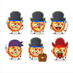 Cartoon character of tomato cheese pizza with various pirates emoticons