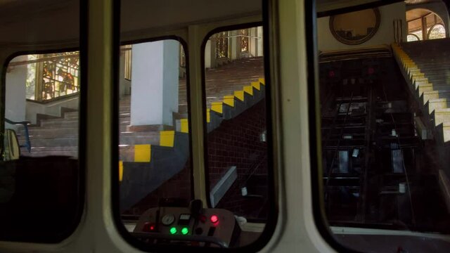 Interior clip of Kiev Funicular as it descends from Volodymyrska Park station.