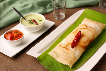 Dosa , Dosai, ghee roast, tomato coconut chutney sambar popular South Indian Breakfast, Kerala,...