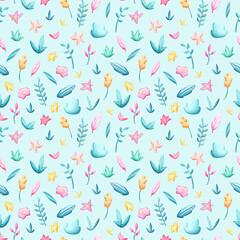 Spring flowers and leaves seamless pattern square tile on blue background. Spring floral paper decor. Pastel flower and leaf seamless pattern swatch for wrapping paper. Spring holiday Easter print