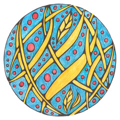 Abstract image of different shapes. The illustration is made with colored pencils. Suitable for typography, books, websites, social networks, texts. 