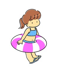 浮き輪をつけている水着の女の子