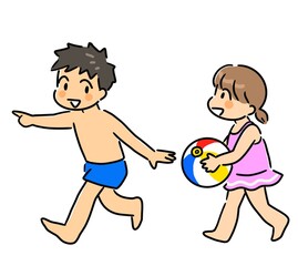 ビーチボールを持って走る男の子と女の子