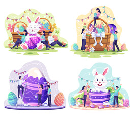 Set of Happy Easter day. People Celebrate Easter day with bunny, baskets full of easter eggs, flowers and decorations. vector illustration.