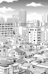 漫画風ペン画イラスト　街並