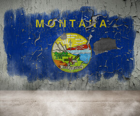 Montana Flag Cracked Paint on empty wall room with smoke Single Flag  