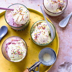 Dessert flat lay with ice cream and funfetti