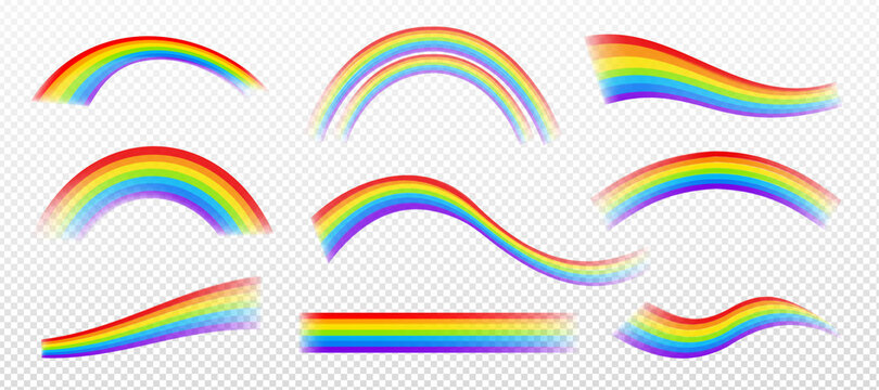 Rainbow effects isolated on transparent background. Vector set of wavy, straight and arch shape colorful lines. Fantasy illustration of spectrum light effect in sky after rain