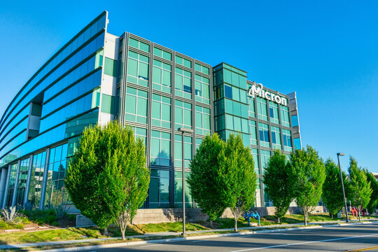 Micron Technology sign and logo on office campus in Silicon Valley - San Jose, California, USA - 2021