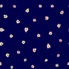 Fototapeta na wymiar Ditsy flowers white on blue seamless background. Floral repeating pattern small flowers. Ditsy print. Seamless texture. Surface pattern design for textile, fashion, fabric, wallpaper, summer spring.