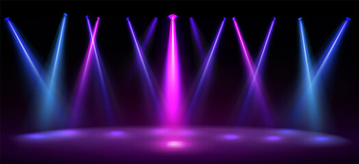 Stage illuminated by blue and pink spotlights. Empty scene with spots of light on floor. Vector realistic illustration of studio, theater or club interior with color beams of lamps - obrazy, fototapety, plakaty