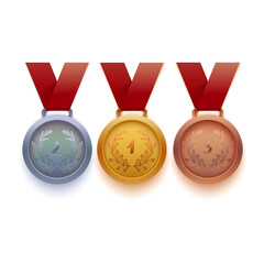 Set of gold, silver and bronze medals, isolated on white, vector illustration