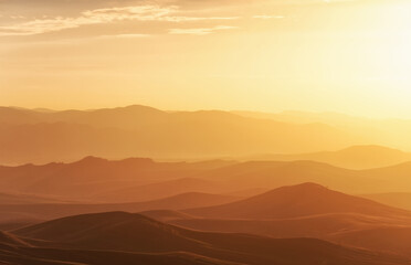 Fototapeta na wymiar Sunset light over the mountains view from the mountain sky in golden shade mystical light, Babyrgan