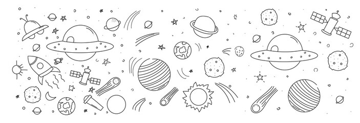 Set of galaxy planet doodles isolated on white background.  © Griyolabs