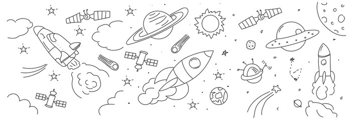 Set of galaxy planet doodles isolated on white background.  © Griyolabs