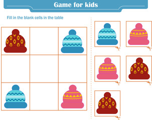  Logic game for children. Fill in the blank cells in the table so that in each row and column the element appears only once