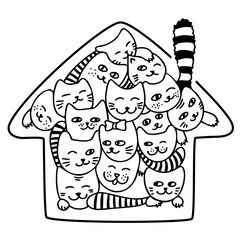Hand draw home with cats in doodling style. Lots of cute cartoon cats assembled house shape. Coloring book for children. Black outlines isolated on a white background. Vector stock illustration.