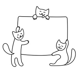 Obraz premium Cute cats paws are holding a blank sheet for your text. For animal stores, cats food. Hand draw cats with paper, a board for announcements, inscriptions. Black isolated on a white background. Vector.