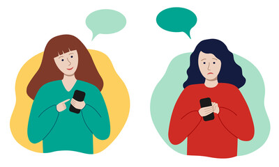 Joyful or sad womens holding a phone to texting, read news, chatting, play games. Pastime in social networks. Internet addiction. Person using gadget. Girl with smartphone. Isolated flat vector.