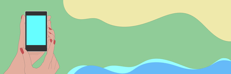 Female hand holding a smartphone with both hands. cellphone, vector illustration, mockup, landscape, copy space, background, web header, banner, footer, cool, wave