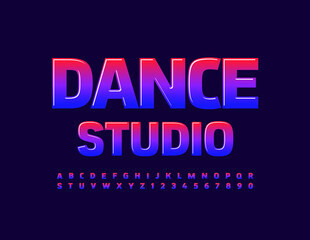Vector bright banner Dance Studio. Creative glossy Font. Gradient Alphabet Letters and Numbers set