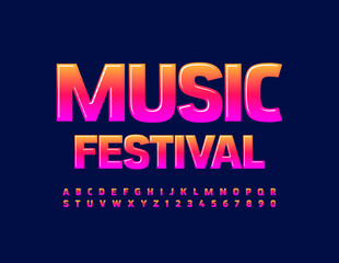 Vector event poster Music Festival. Bright glossy Font. Gradient color Alphabet Letters and Numbers set