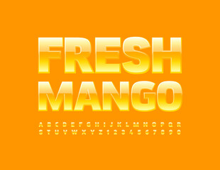 Fototapeta na wymiar Vector bright Sign Fresh Mango. Modern Yellow Font. Artistic Alphabet Letters and Numbers