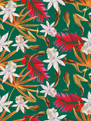Colourful Seamless Pattern with tropic flowers and leaves. - 424358346