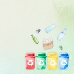 Fototapeta na wymiar Recyclable waste bin background in watercolor illustration