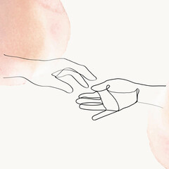 Feminine hands line art minimal illustration on orange pastel watercolor background