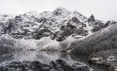 Images on postcards in the form of snow-capped mountain peaks against the background of the lake in the Polish High Tatras