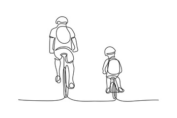 Family cycling in continuous line art drawing style. Father with his little son riding bicycles together. Minimalist black linear sketch isolated on white background. Vector illustration © GarkushaArt