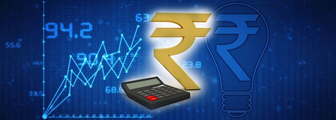 Rupee currency wih calculator . 3D rendering illustration