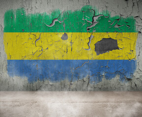 Gabon Flag Cracked Paint on empty wall room with smoke Single Flag  