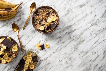 Muesli made from mix of unprocessed whole grains, chia, quinoa, nuts, seeds, with banana and...