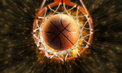 3d render Basketball fire through hoops vertical camera