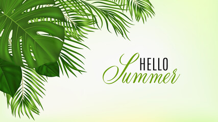 Summer tropical background with green palm leaves. Exotic botanical design with jungle plants for invitation, banner, poster. Vector illustration