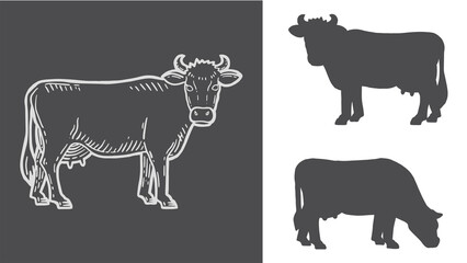 Farm animal. Cow sketch. Hand drawn. Vintage style. Vector illustration. Set of cows. Black silhouette of a cow isolated on white background. Farm animal.