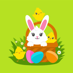 Happy Easter. Cheerful rabbit in a basket with painted eggs on the green grass. Cute chickens. Colored flat vector illustration isolated on green background. Cartoon character.