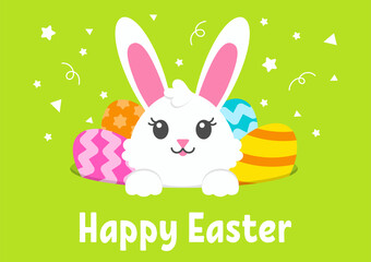 Happy Easter. Cheerful rabbit in a hole with painted eggs on the green grass. Colored flat vector illustration isolated on green background. Cartoon character.