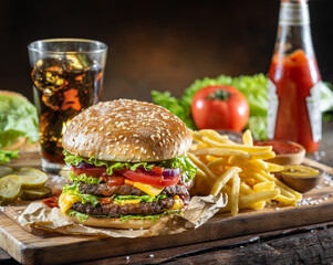 Delicious burger with cola and potato fries on a wooden table with a dark brown background behind. Fast food concept.
