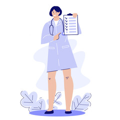 Medical doctor woman with clipboard. Recommendations for treatment and health. Vector illustration in flat cartoon style.