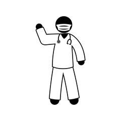 nurse isolated icon, stick figure medical worker, stickman raised his hand up