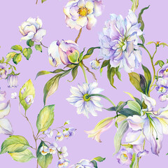 Flowers watercolor illustration.Manual composition.Seamless pattern.Design for cover, fabric, textile, wrapping paper .