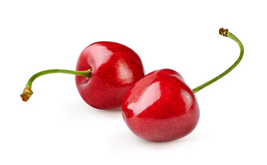 Two cherries with cherry leaf isolated on white.
