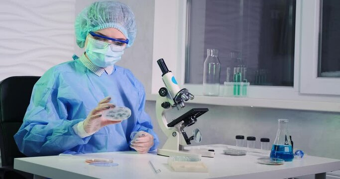 Woman doctor pharmacy scientist searching and testing vaccine. Taking samples from Petri dish with dropper for microscope with virus bacteria mold sample. Protection wear, minimalistic indoor lab. 