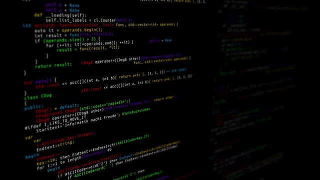 3D 4K animation of computer code and data appearing dark digital space. Software developer programming code technology Network Security, Cyber Security, Digital Protection, Computer Hack Background